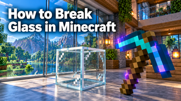 Editorial illustration of an enchanted pickaxe beside clear glass in a Minecraft-style house