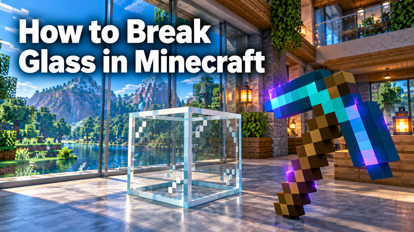Editorial illustration of an enchanted pickaxe beside clear glass in a Minecraft-style house