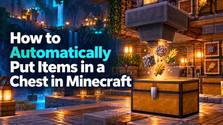 How to Automatically Put Items in a Chest in Minecraft title with a voxel chest and hopper concept