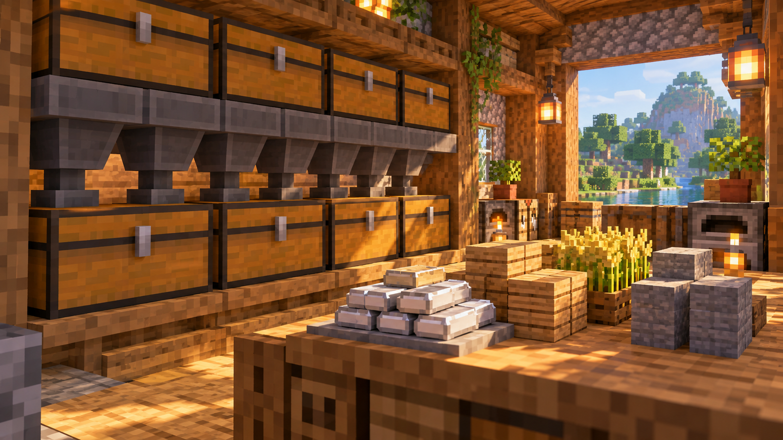 Concept illustration of a voxel workshop with wooden chests, metal hoppers and building materials