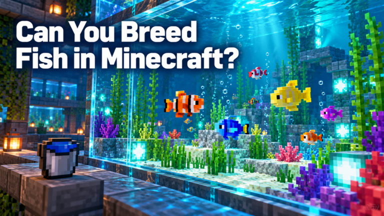 Illustration of colorful voxel fish in a glass aquarium with a water bucket