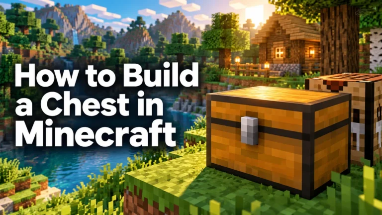 Minecraft-inspired chest and crafting table beside a starter cabin, with the guide title