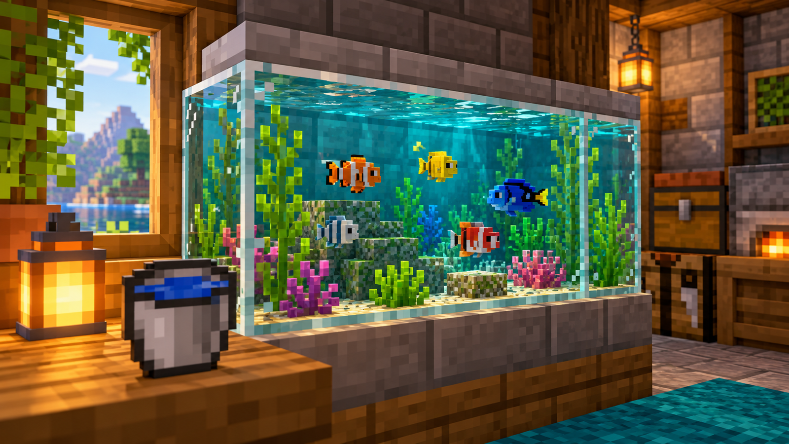Editorial illustration of a glass aquarium in a stone and wood Minecraft-style base