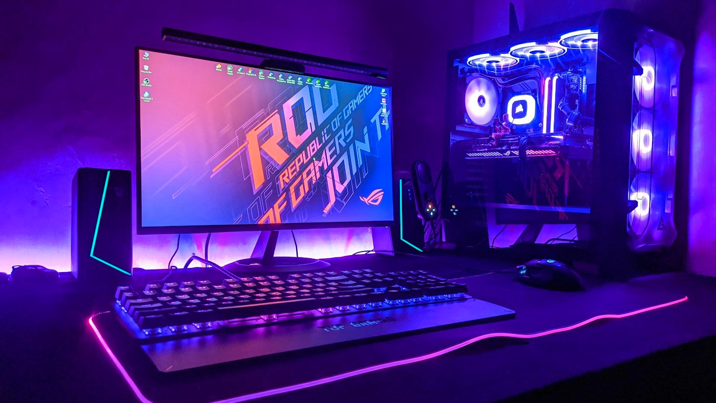 RGB desktop gaming setup with monitor and keyboard