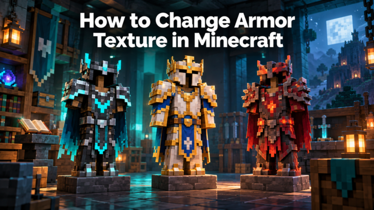 How to Change Armor Texture in Minecraft conceptual illustration with three voxel armor stands