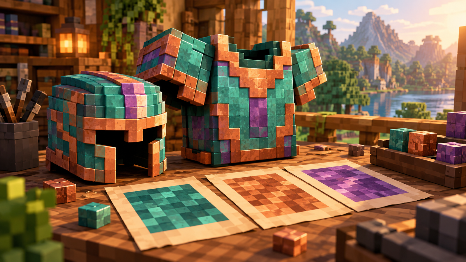 Conceptual voxel armor and texture swatches on a workbench