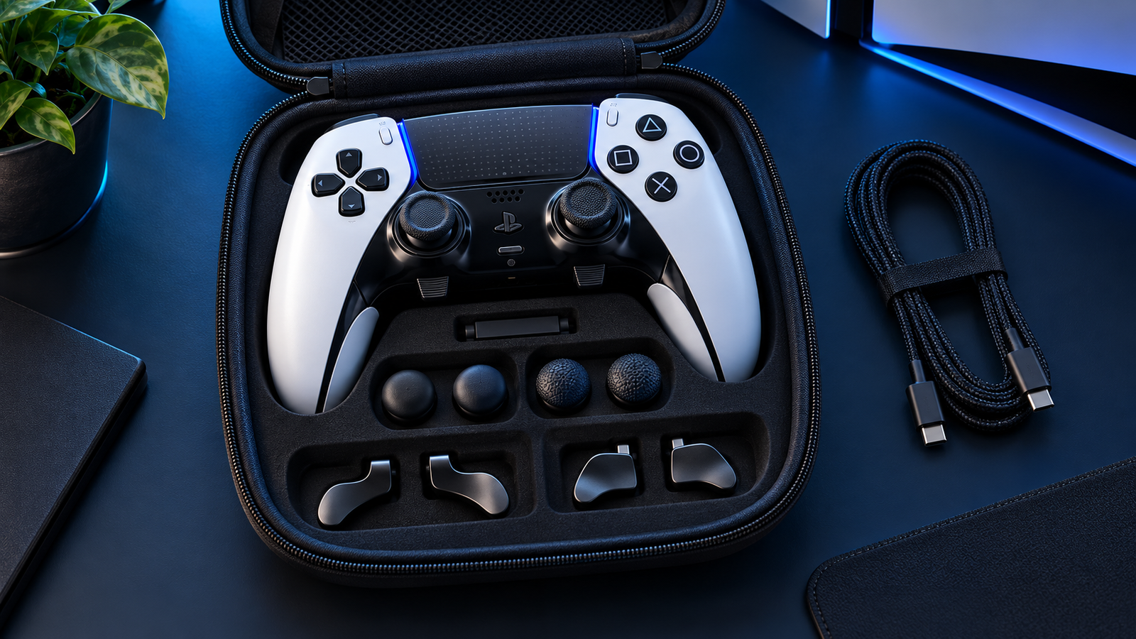 Illustration of a premium PS5 controller with carrying case, interchangeable caps and rear buttons