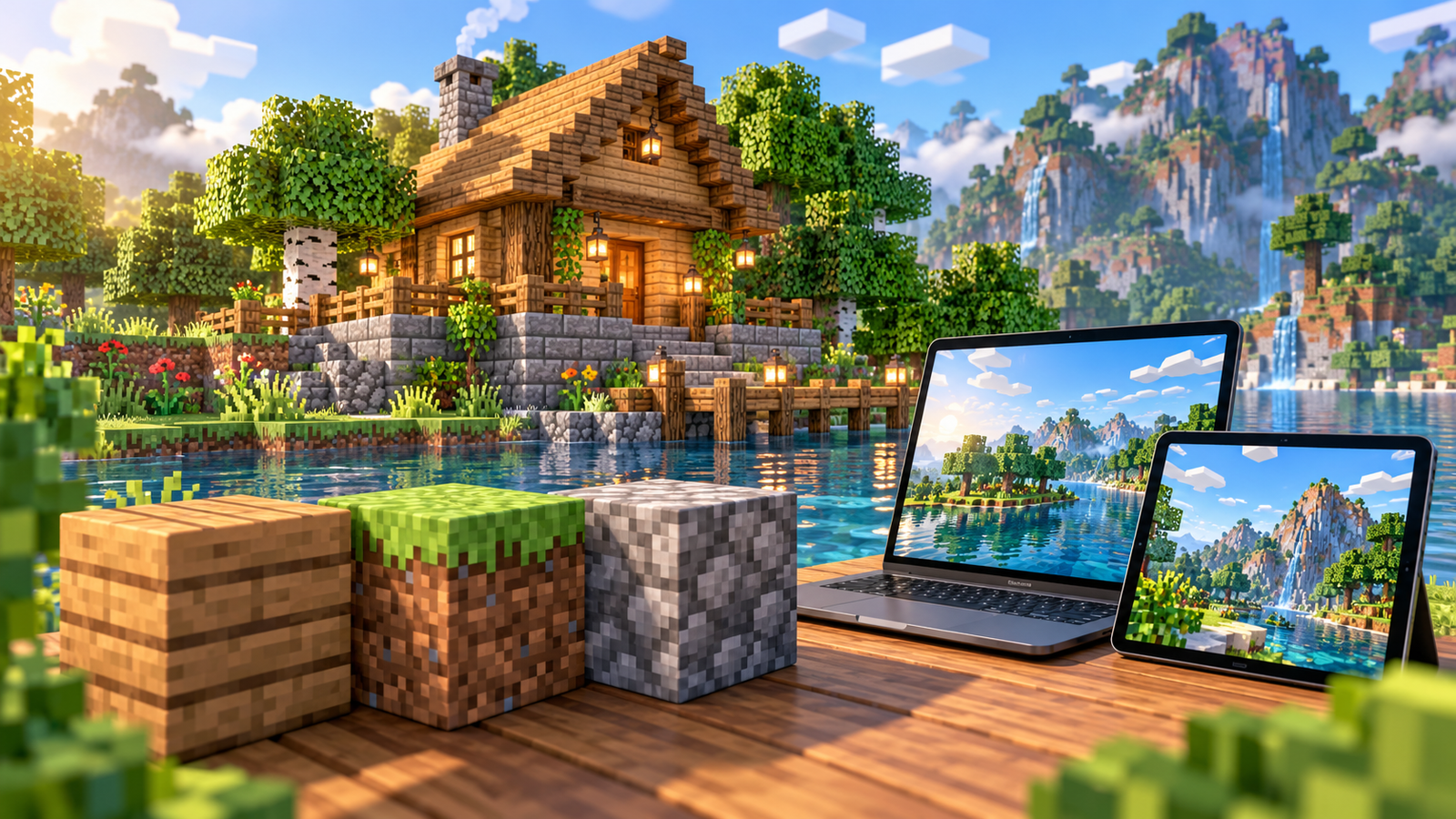 Concept illustration of a voxel cottage, block materials, laptop and tablet representing Minecraft texture-pack choices