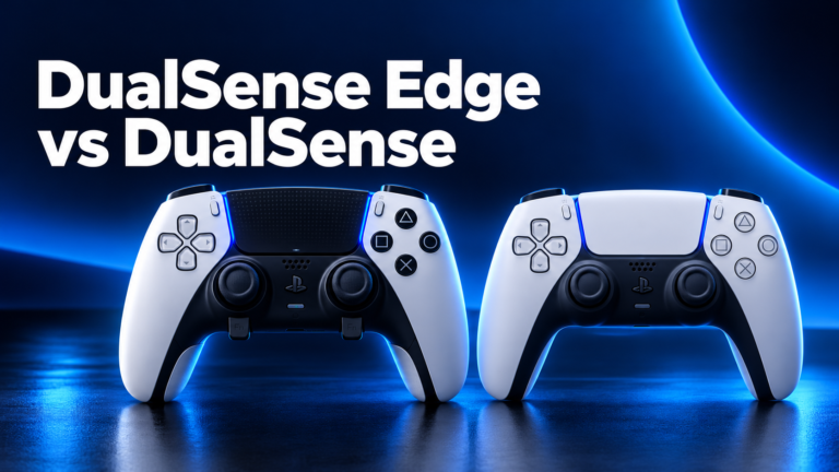 Illustration comparing the DualSense Edge and standard DualSense PS5 controllers