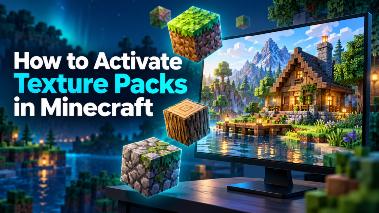 How to Activate Texture Packs in Minecraft title over a navy and teal voxel landscape