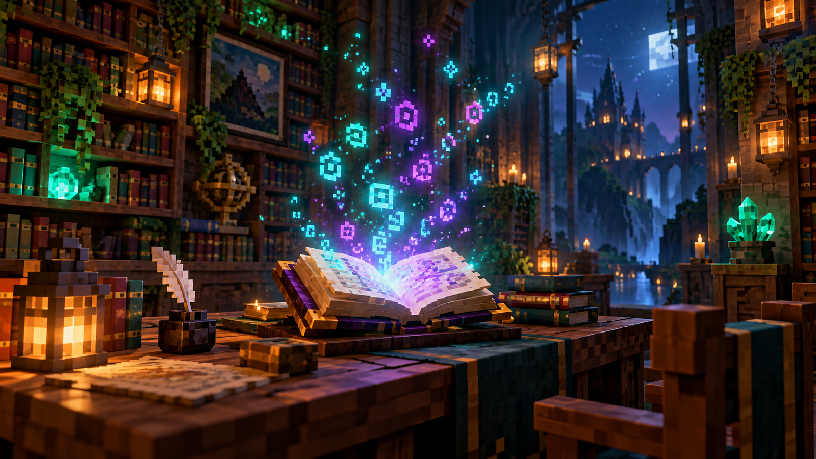 Concept illustration of an enchanted block-style book with floating abstract glyphs