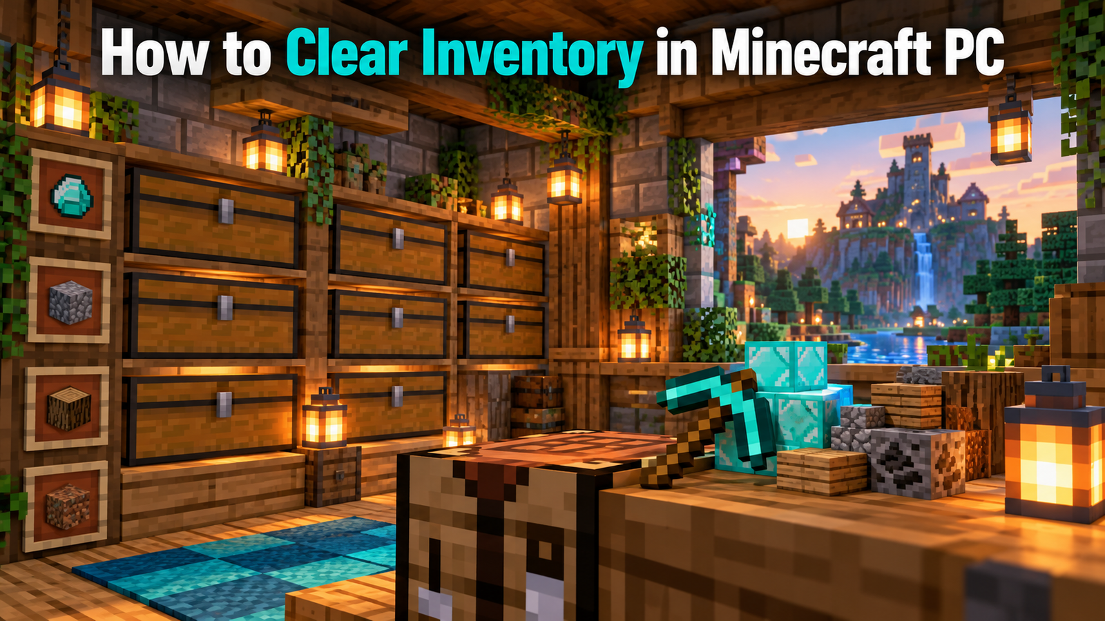 Concept illustration of a Minecraft-style storage workshop with the inventory guide title