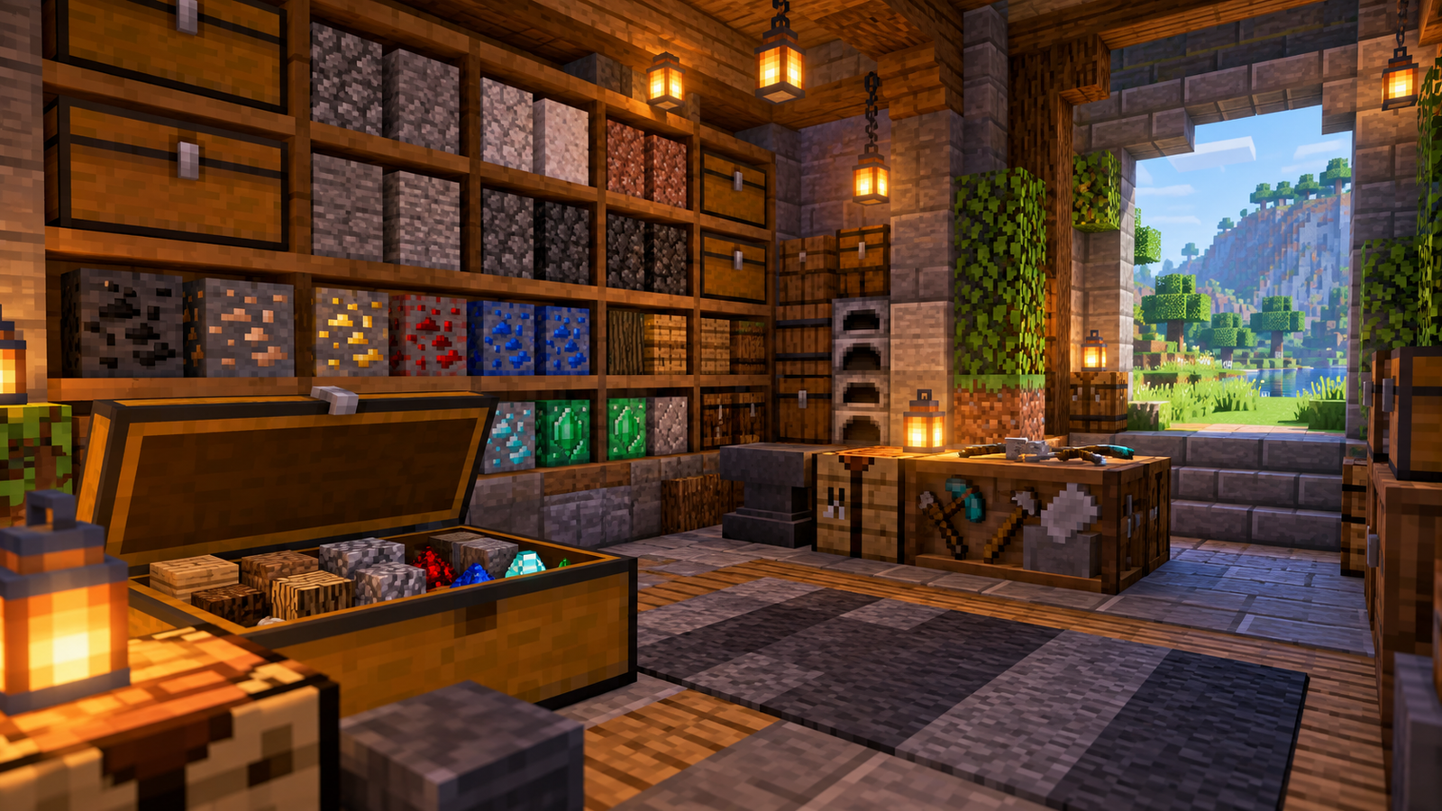 Concept illustration of a tidy Minecraft-style room with chests and stored tools