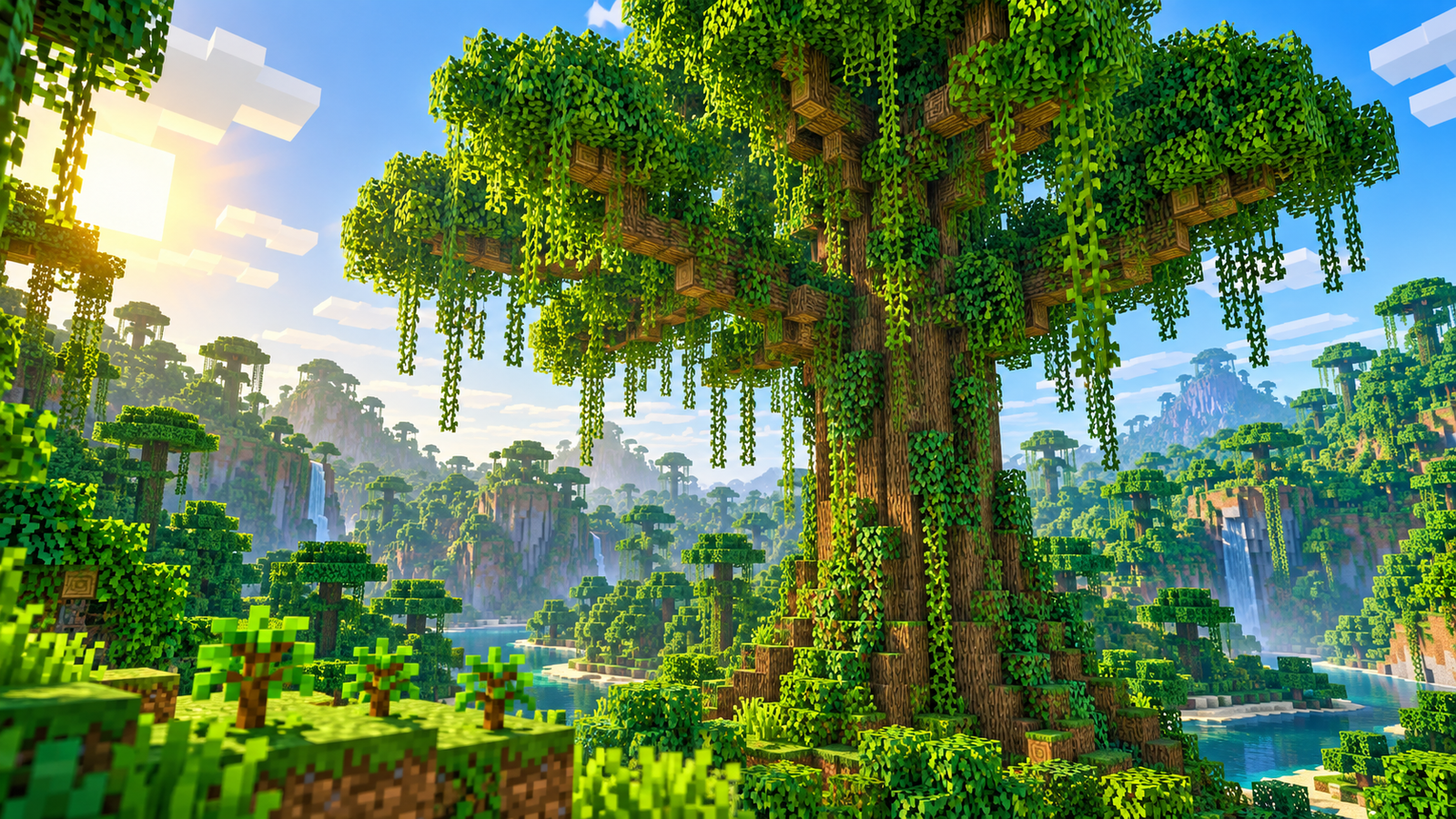 Illustration of a tall block-style jungle tree with hanging vines