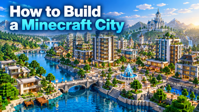 How to Build a Minecraft City title above a riverside voxel city