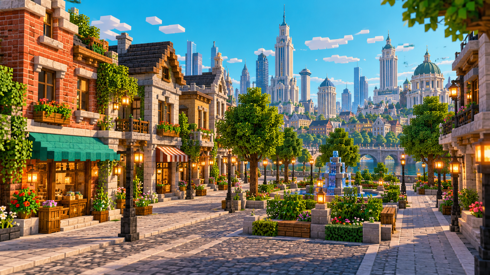 Concept Minecraft-style neighborhood with brick homes, a park and clear sidewalks