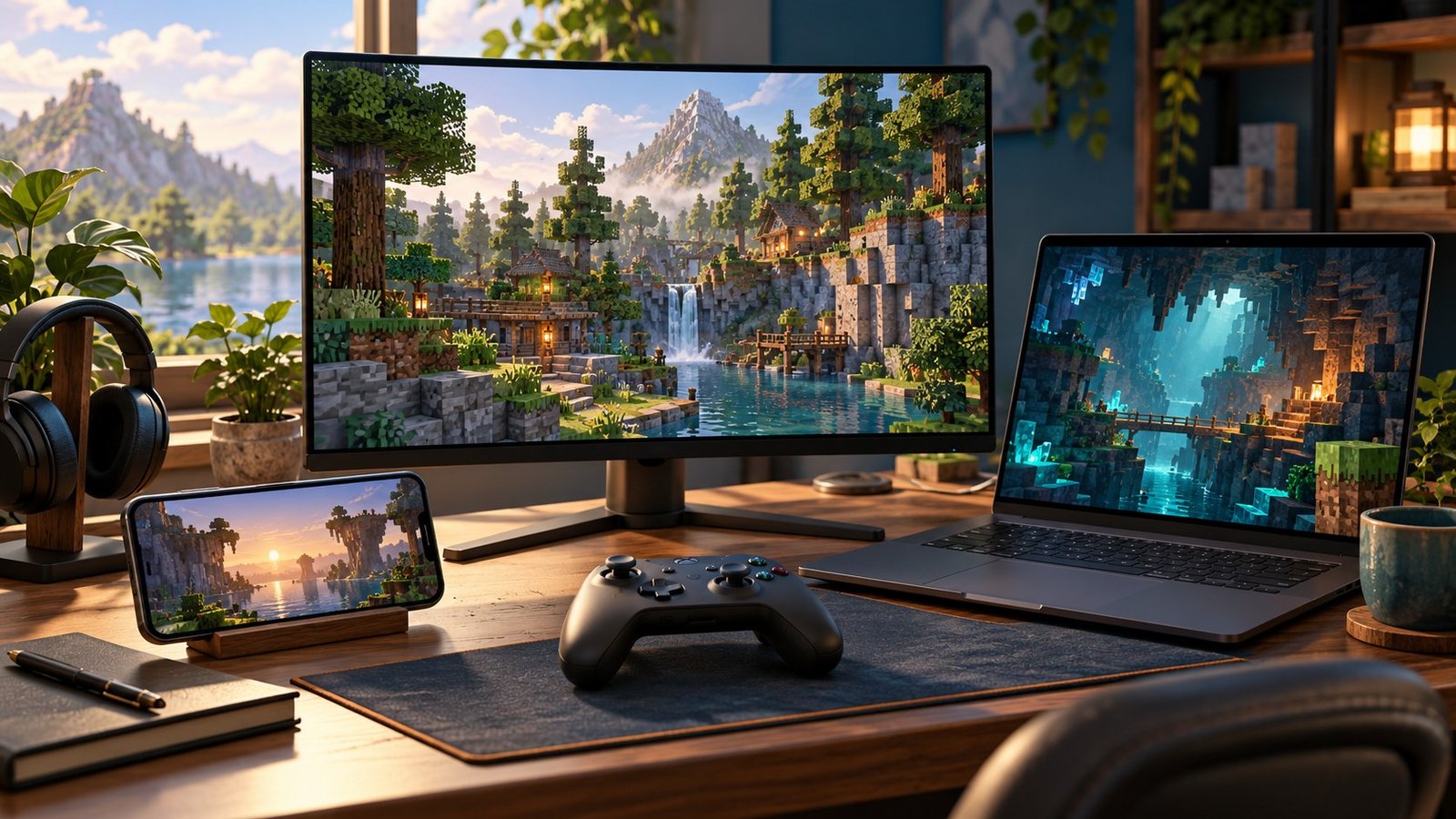 Concept gaming setup with desktop, laptop, phone and controller