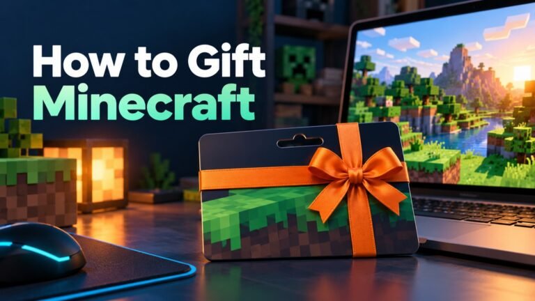 How to Gift Minecraft conceptual illustration with a laptop and blank game gift card