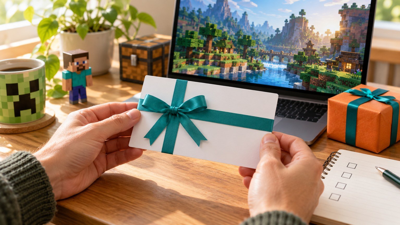 Conceptual Minecraft gift preparation with a blank voucher, ribbon and checklist