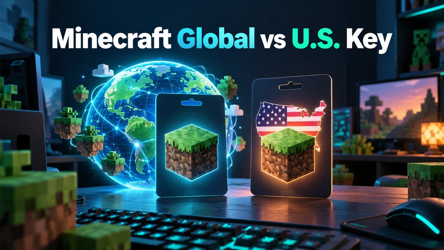 Minecraft Global vs U.S. Key title with conceptual globe, voxel blocks and gaming keyboard