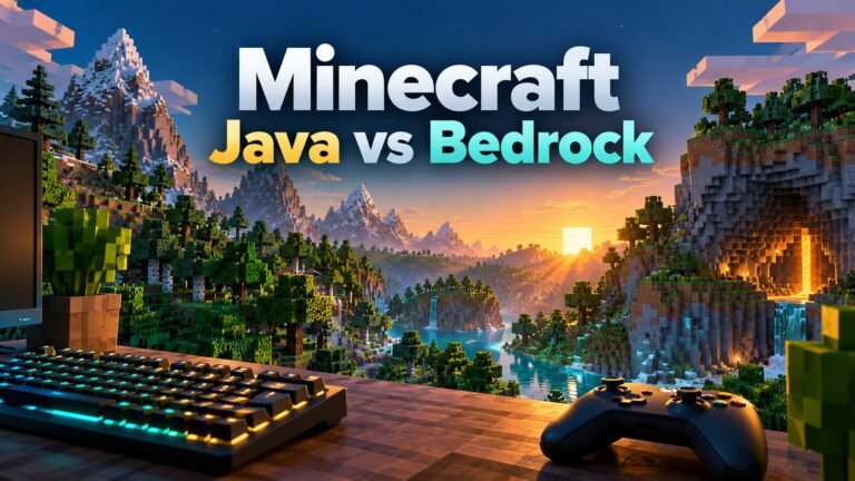 Minecraft Java vs Bedrock title on concept voxel landscape with keyboard and controller