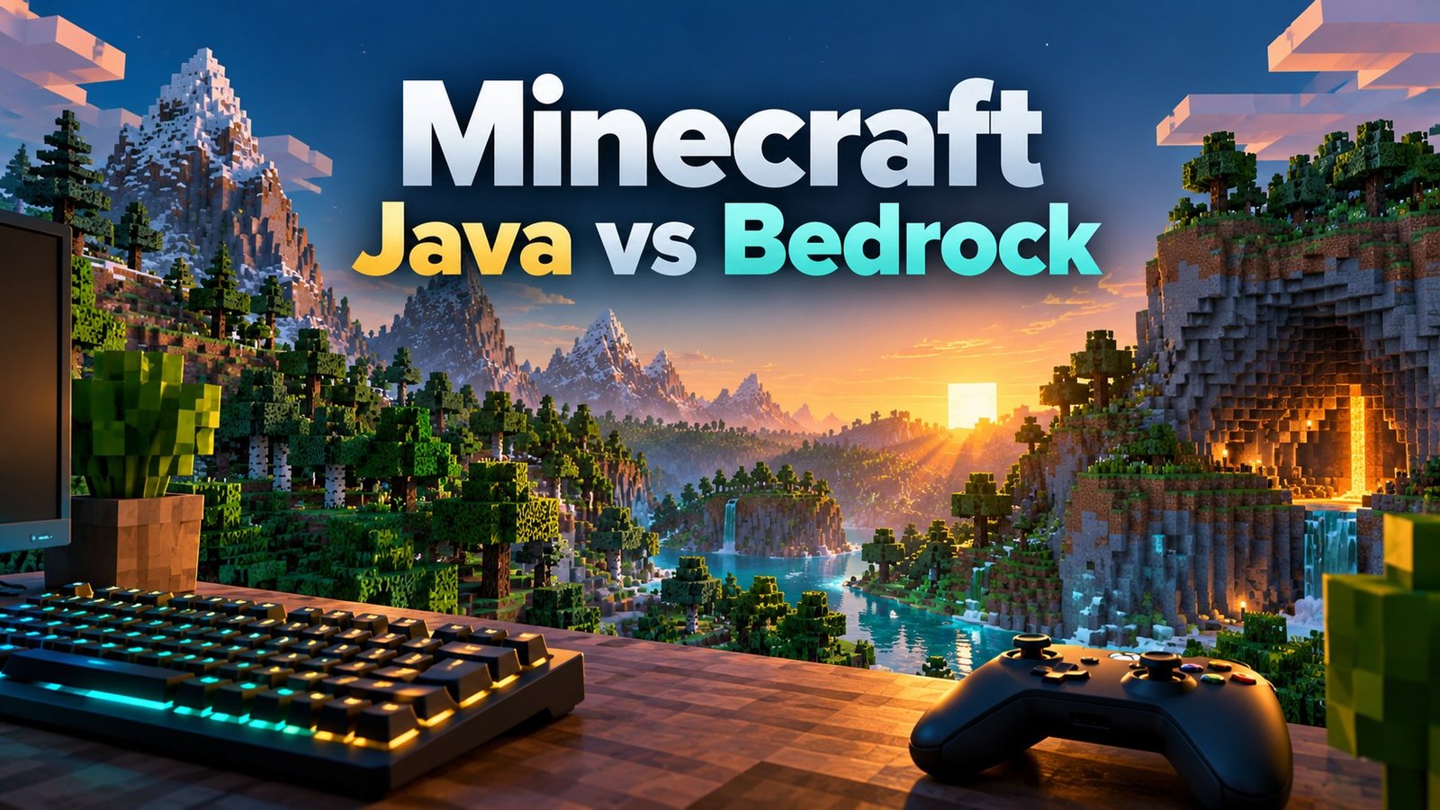 Minecraft Java vs Bedrock title over a concept voxel landscape with keyboard and controller