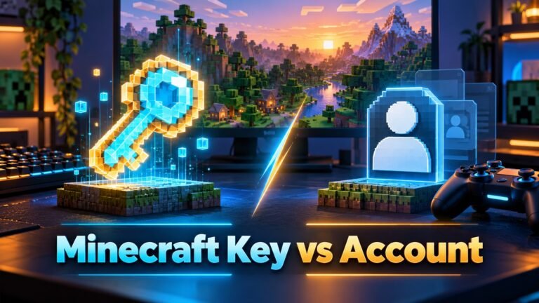 Minecraft Key vs Account concept artwork with digital key, profile symbol and gaming devices