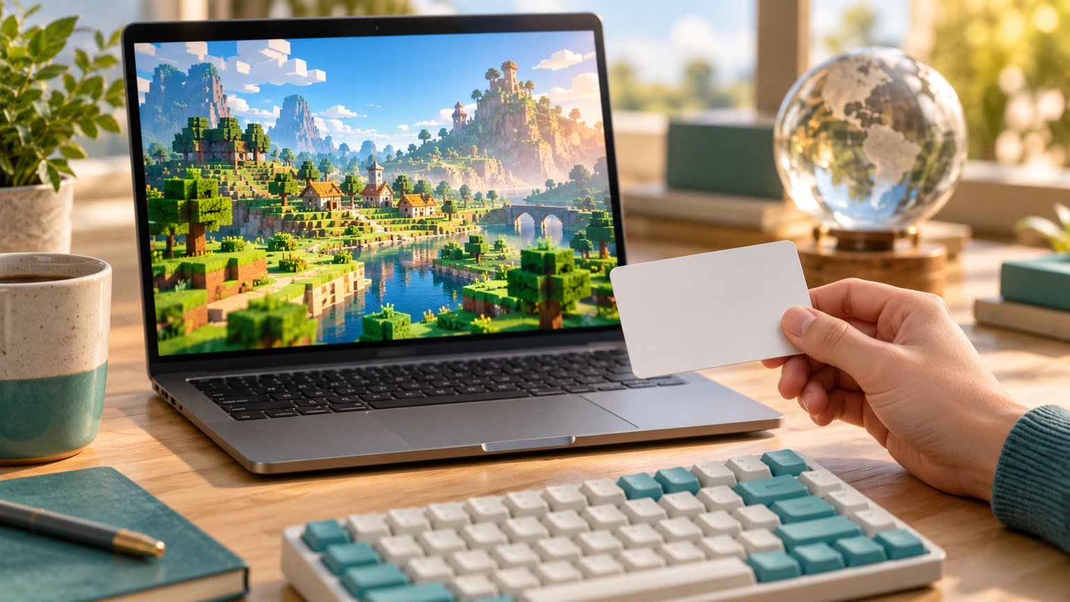Editorial gaming desk with laptop, blank game voucher and small globe