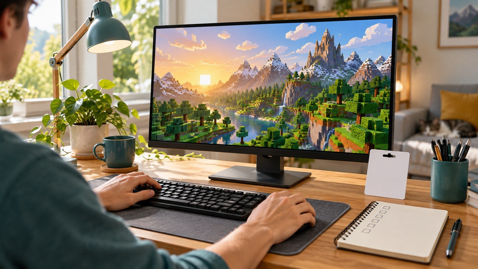 Conceptual gaming desk with a monitor, blank activation card and purchase checklist