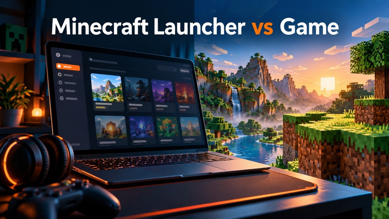 Minecraft Launcher vs Game conceptual illustration with a laptop and voxel landscape