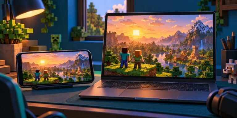 Illustration of Minecraft mobile and Windows PC playing in a shared block world