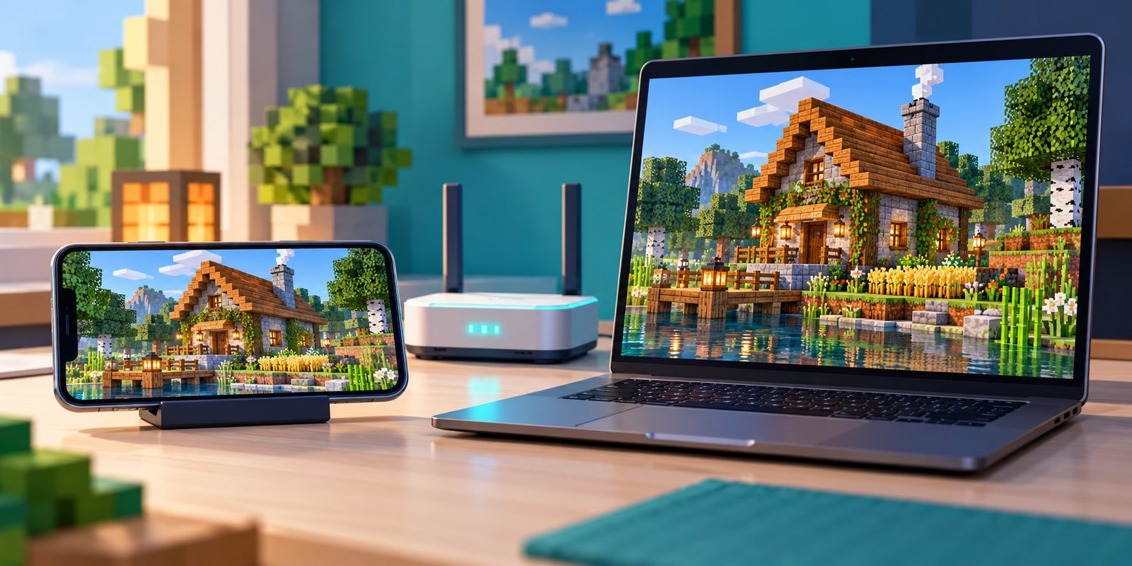 Illustration of a phone, laptop and Wi-Fi router for local multiplayer