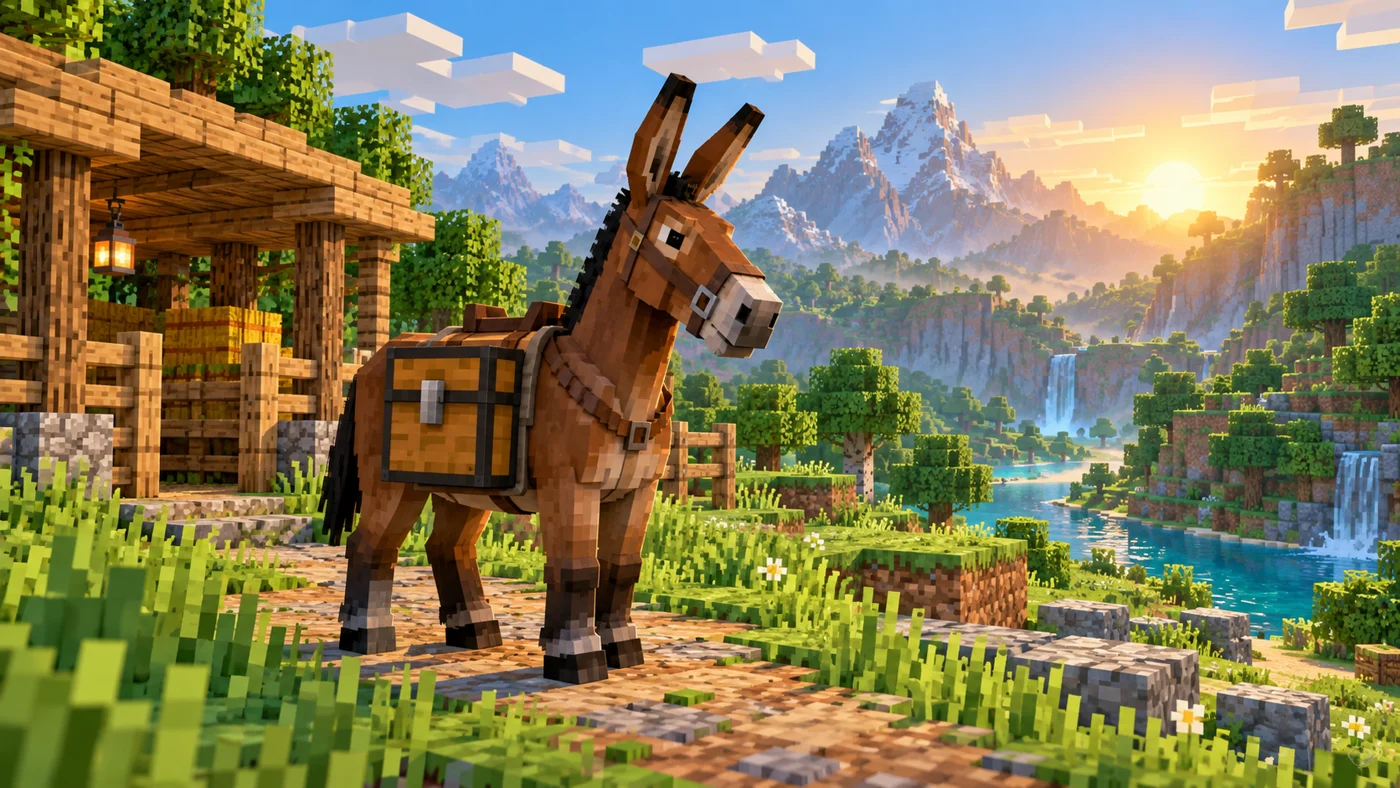 Concept illustration of a chest-equipped mule on a grassy Minecraft-style trail