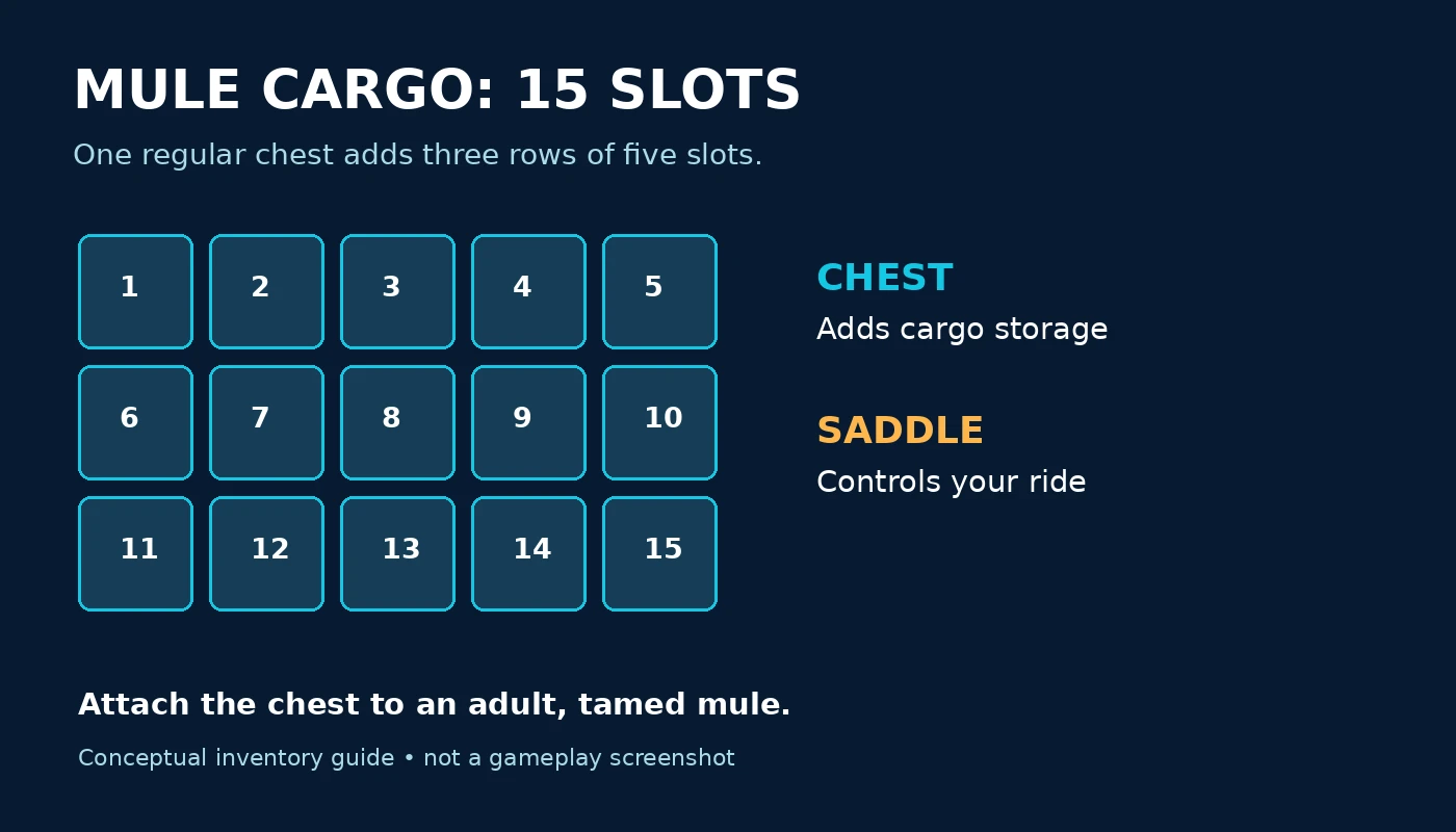 Diagram of a mule's 15 cargo slots, with chest and saddle functions explained