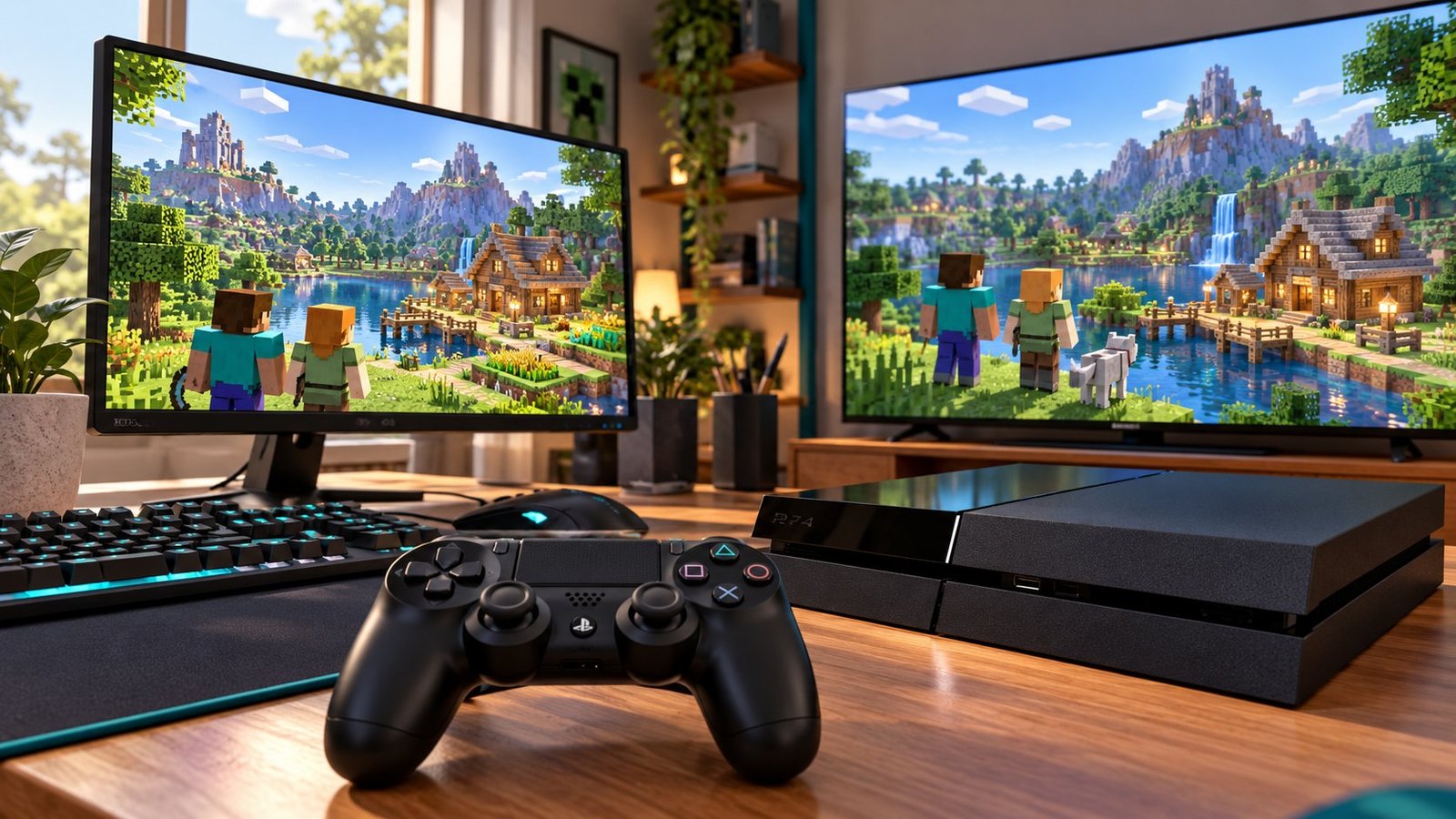 Editorial illustration of a controller and PC desk for Minecraft cross-play planning