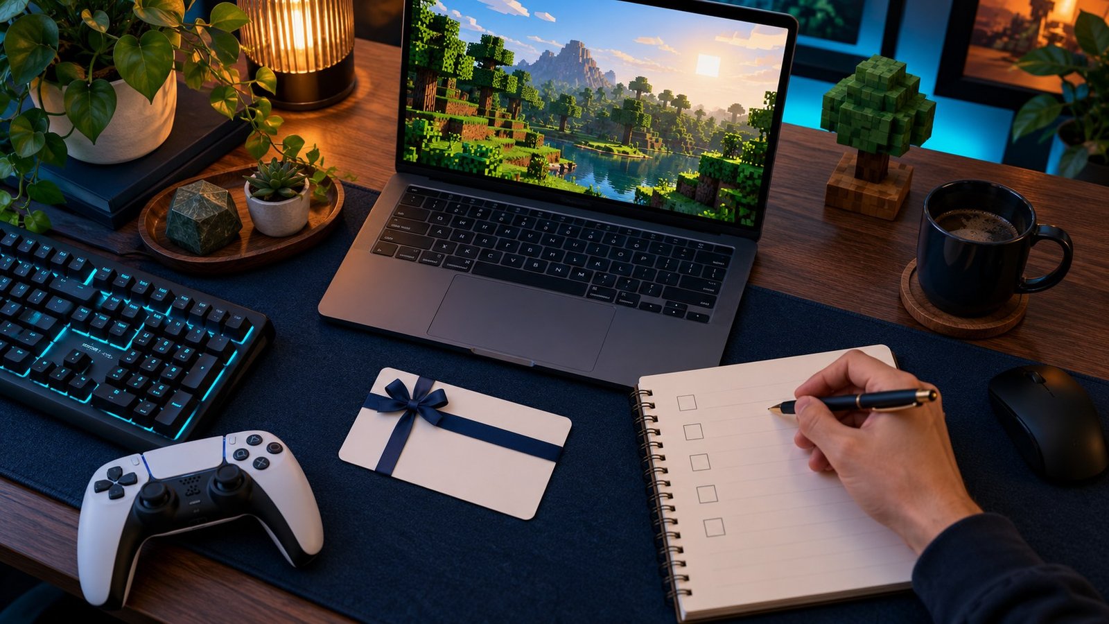 Concept gaming purchase checklist beside a laptop, controller and blank gift card