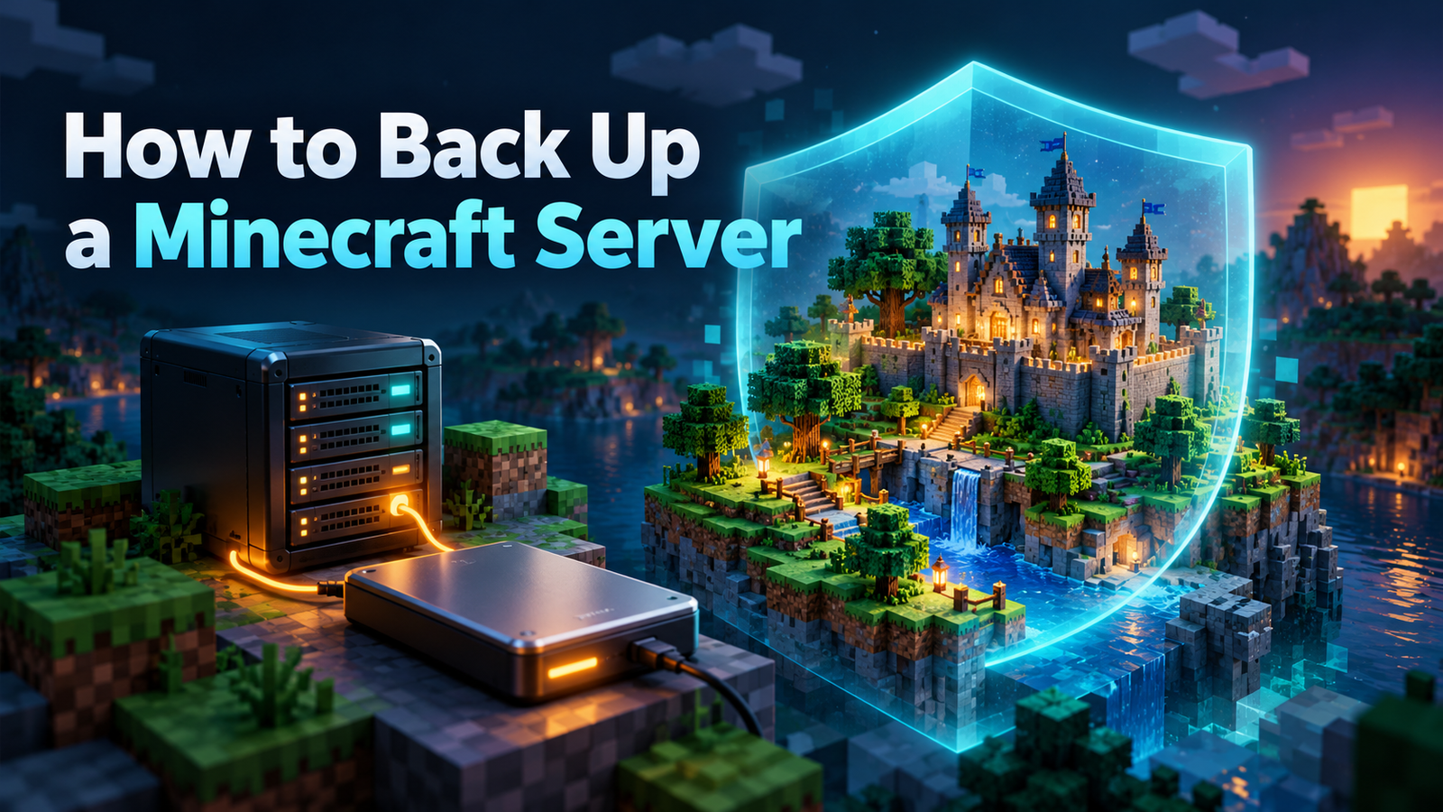 How to Back Up a Minecraft Server title above a protected voxel world, server and backup drive
