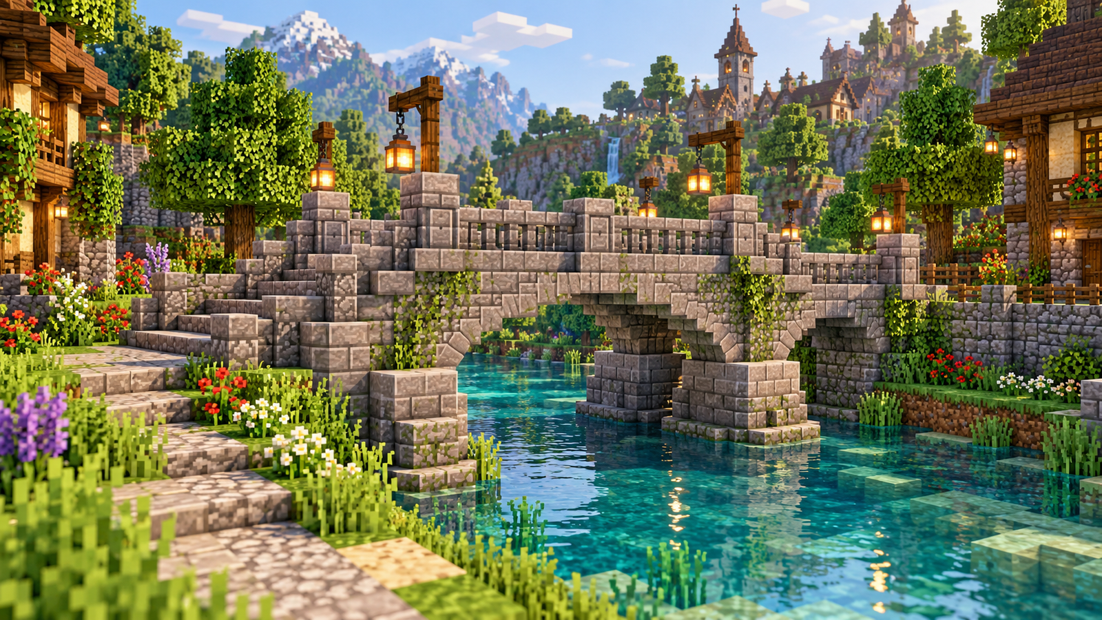 Concept stone bridge with an arched underside and lanterns in a voxel village