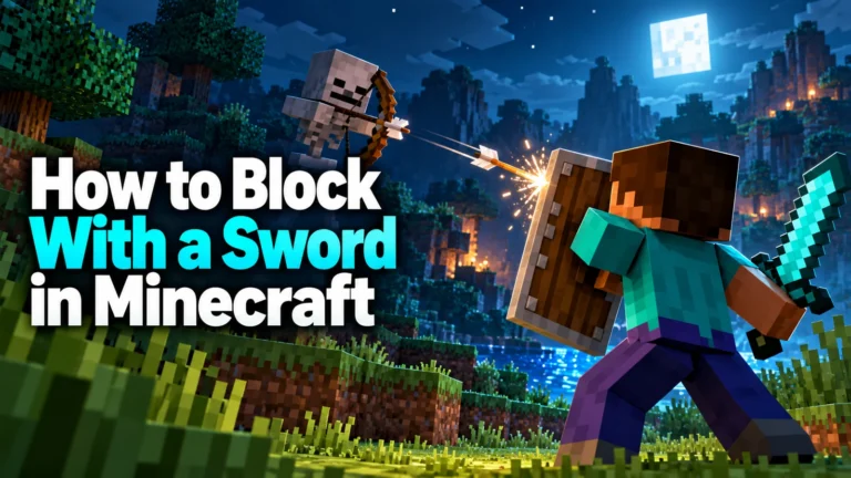 Minecraft concept illustration of an adventurer holding a sword and blocking an arrow with a shield