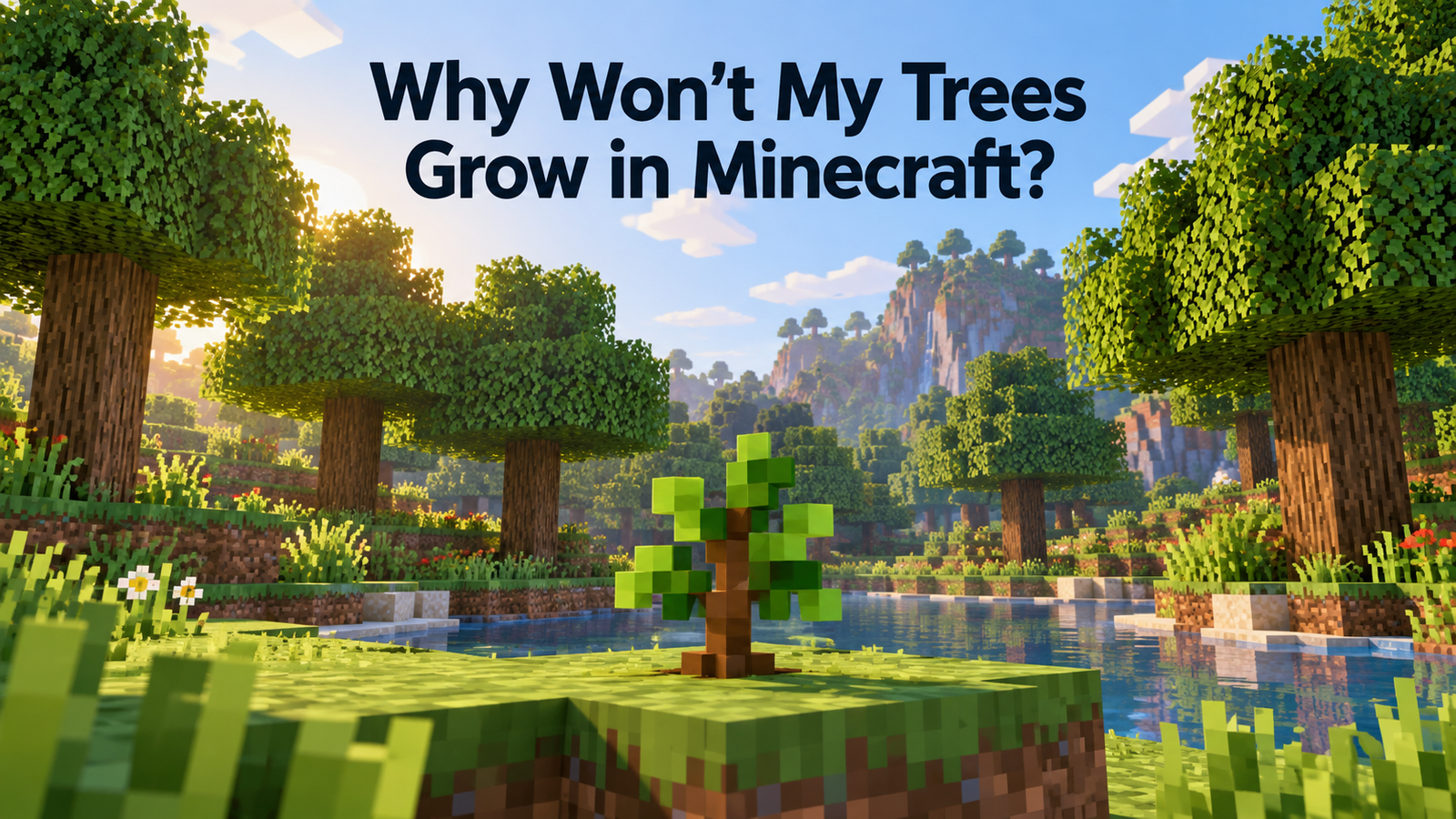 Concept illustration of a sapling and mature block-style trees with the guide title